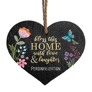 Floral Bless This Home Personalized 5" Hanging Slate Heart