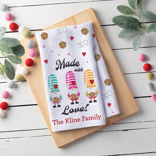 Valentine gnome waffle tea towel with family name