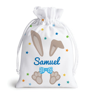 Blue Bunny Bowtie Personalized Drawstring White Pouch