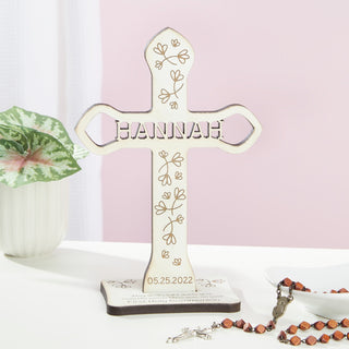 First communion white cross with name and date