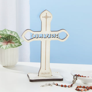 First communion boy white cross with name and date