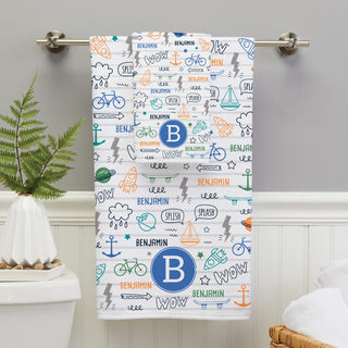 Boy's Personalized Fun Icons Bath Towel