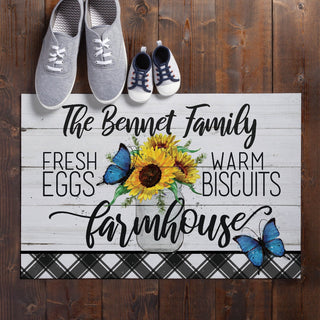 Country farmhouse biscuits and eggs thin doormat with family name 