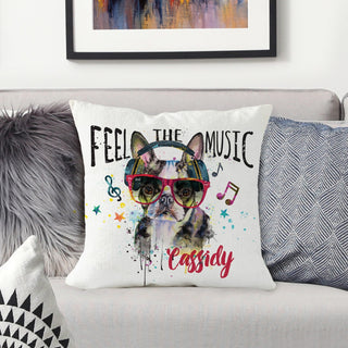 Rocker dog with headphones and glasses 17" throw pillow 