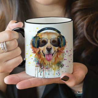 Rocker dog with headphones black handle 11 oz coffee mug