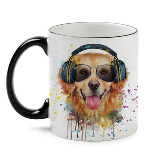 Rocker Dog with Headphones White Coffee Mug with Black Rim and Handle-11oz