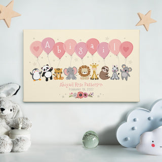 Baby Animals with Pink Balloons Personalized 10x16 Canvas