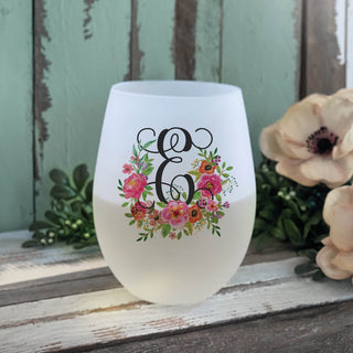 Floral with initial frosted wine glass 