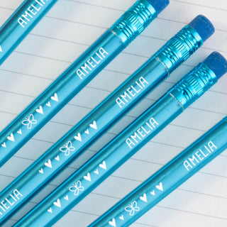 Butterfly & Hearts Personalized Metallic Blue Pencil Set of 6