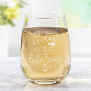 Relax You're On Lake Time Stemless Wine Glass