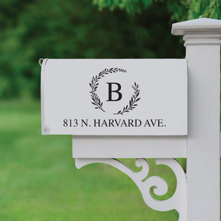 Wreath mailbox vinyl decal with initial and address