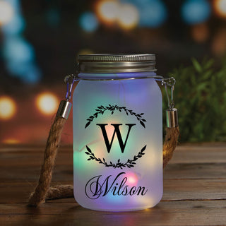 Wreath solar mason jar with colored lights with initial and name 