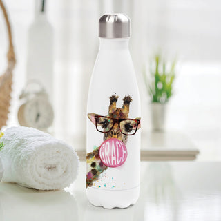 Bubble gum giraffe water bottle with name 