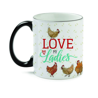 Love my ladies four chicken black handle mug with names 