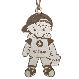 Boy with Ball Cap Personalized White Wood Ornament