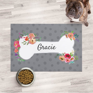 Floral bone pet mat with name 