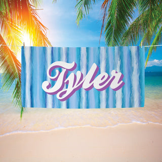 Tie Dye Stripes Personalized Blue Velour Beach Towel