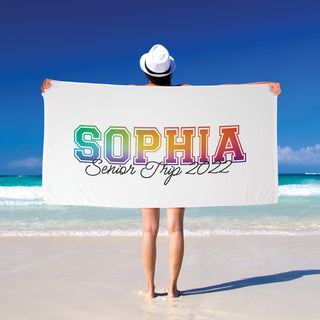 Colorful varsity beach towel with name