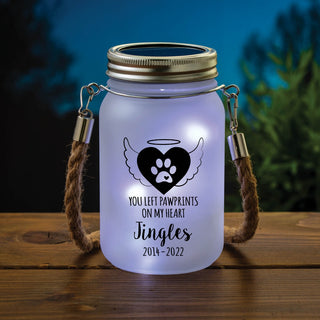 Pawprint memorial mason jar with white lights and name