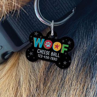 Woof with stars pet tag with name