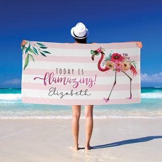 Flamingo velour beach towel with name