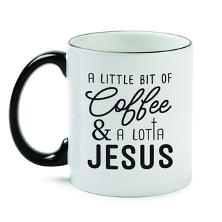 Little Coffee and Jesus White Coffee Mug with Black Rim and Handle-11oz