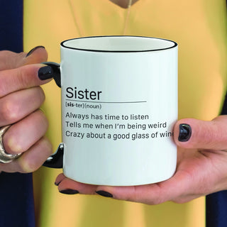 Sister meaning black handle mug with name