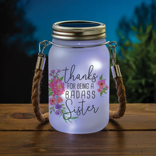 Sister mason jar with white lights