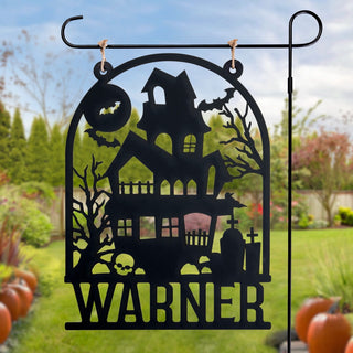 Haunted house wood garden flag with name