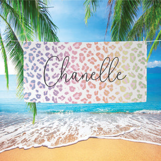 Colorful ombre leopard velour beach towel with name