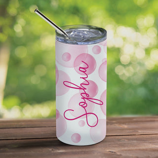 Pink bubbles steel tumbler with straw