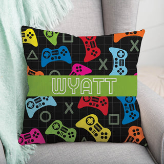 Colorful gamer throw pillow with name 