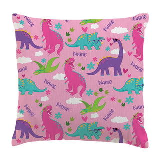 Colorful Dinosaurs Pink Personalized 14x14 Throw Pillow