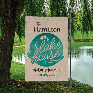 Lake house burlap garden flag 