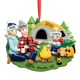 Camp Fire Family of 3 Personalized Ornament