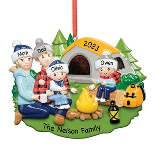 Camp Fire Family of 4 Personalized Ornament