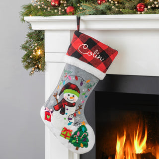 Buffalo Check Cuff Personalized Stocking - Snowman