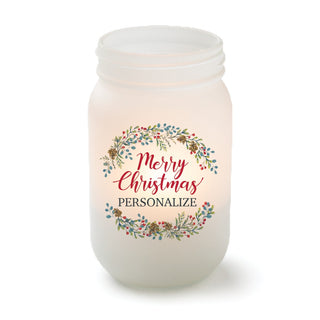 Merry Christmas Wreath Frosted Mason Jar Votive Holder