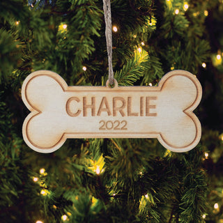 Dog bone wood ornament with name 