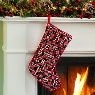 Initial and name red trim christmas stocking 