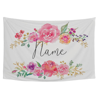 Floral on White Script Name Personalized Large Wall Tapestry