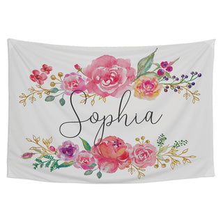 Floral on White Script Name Personalized Large Wall Tapestry