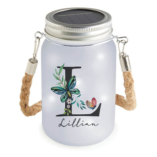 Butterfly Floral Large Initial Personalized Mason Jar with White Lights