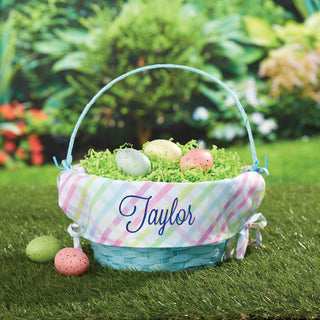 Colorful gingham liner easter basket with blue name