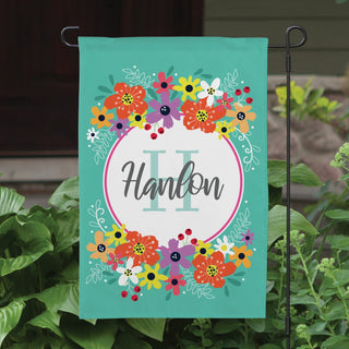 Floral garden flag with name and initial 