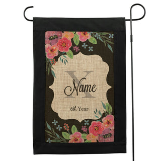 Floral Plaquard Burlap Garden Flag with Black Border