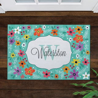 floral teal doormat with name and initial 