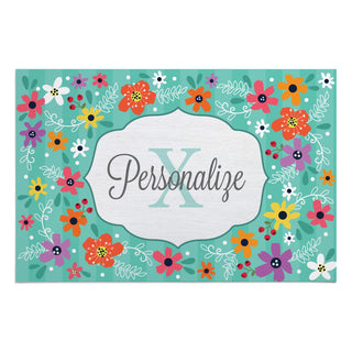 Teal Floral Personalized Thin Doormat