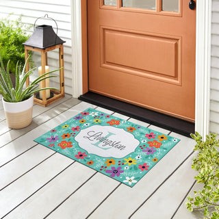 Teal Floral Personalized Thin Doormat