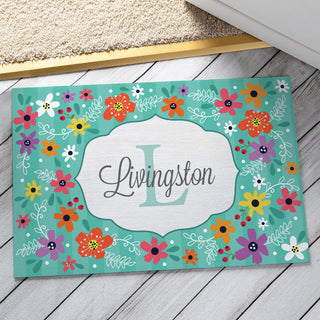 Teal Floral Personalized Thin Doormat